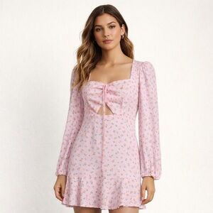 AFRM Los Angeles Barbie Core Cut Out Pink Floral Mini Dress Sz S Long Sleeve
